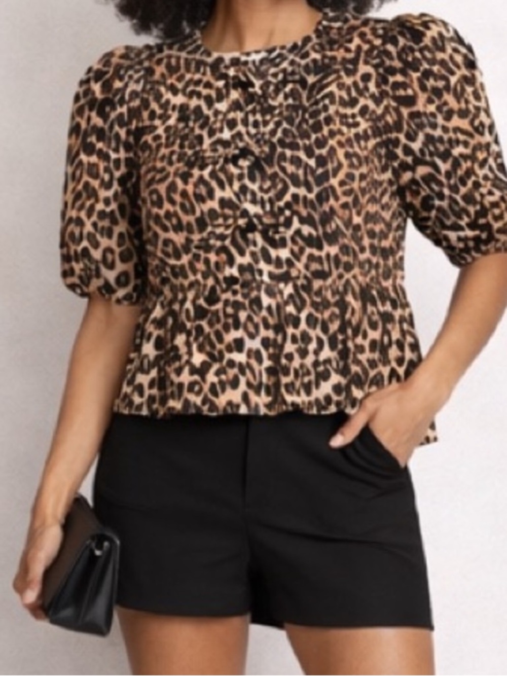 Leopard Print Puff Sleeve Peplum Top - Brown. New without tags.
